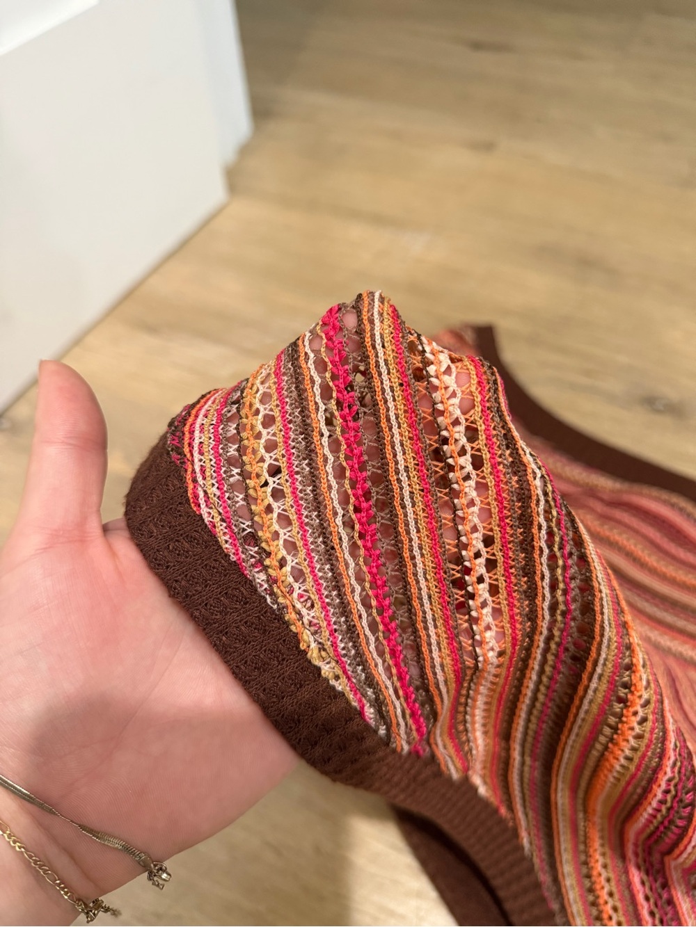 Off-the-shoulder Crochet Striped Knit Top - Pink & Brown - Picture 2 of 2